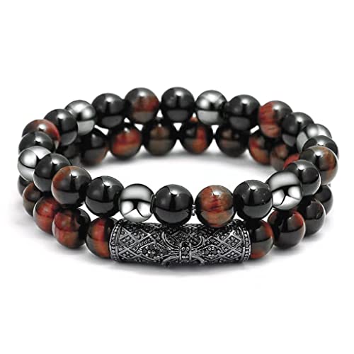 2Pcs Triple Protection Bracelet,Natural Tigers Eye Black Obsidian And Hematite 8 Mm Beads Bracelet For Men Women Gift, Healing Crystal Bracelet Bring Luck And Prosperity And Happiness (Red) #TOP29