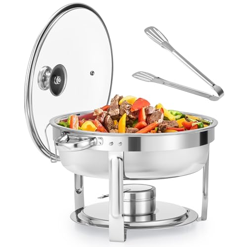 Wilprep Chafing Dish Set 5,5L Rund Speisenwärmer mit Glasdeckel Erstklassiger 410 Edelstahl Wärmebehälter Suppenwärmer Warmhaltebehälter für Buffets, Familienfeiern, Bankette