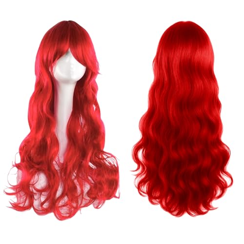 MUNSKT 23.6 Inch/60 cm Long Wave Wigs Layered Curly Hair with Nets Bangs Straight Synthetic Fiber for Women Cosplay Halloween Carnival Party Daily Use