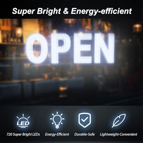 Image of Open Signs for Business, 30 inchx10 inch Dimmable Large LED Open Light Up Sign with Hanging Installation for Salon Gym Cafes Store Office Bar Hotel Pubs (Cold white)