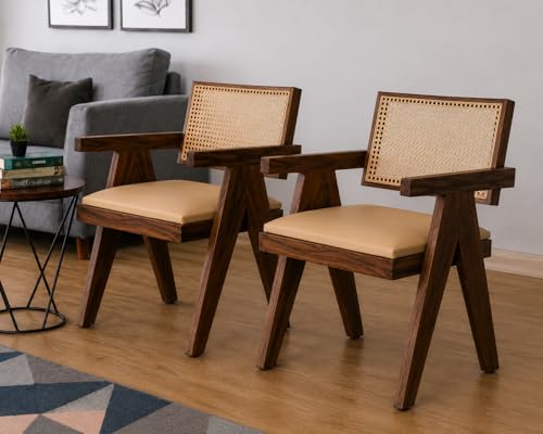 Image of Solid Wood Arm Chair with Cushion and Cane Back Support Chair Living Room Bedroom Home Wooden Armchair Furniture Garden Balcony Outdoor & Indoor (Honey Finish Set of 2)