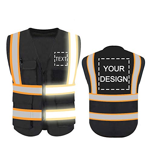 YOWESHOP High Reflective Visibility Safety Vest Custom Your Logo Safety Workwear with Reflective Strips and Front Zipper(Black-Orange Webbing XL)