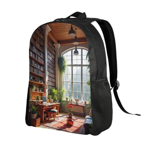 Comfort Fit Unisex Large Room Wooden Beams Bookshelves Filled Books Backpack Durable Daily Commute Travel Adventures 16 in2