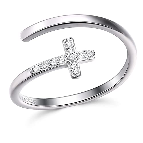 CASSIECA Bague Argent Sterling pour Femme, Bague Croix Ajustable, Bague Chrétienne Empilable pour Doigt du Milieu Bijoux Religieux