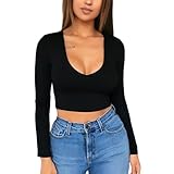 SamHeng Long Sleeve Crop Tops for Women Stretchy T-Shirt Ladies Short Plain Scoop Neck Top Sexy Slim Fit Casual Wear Black-L