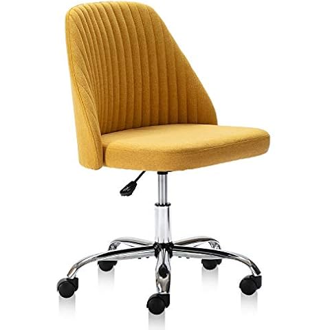 HOMEFLA Home Office Desk Chair, Modern Linen Fabric Chair Adjustable Swivel Task Chair Mid-Back Cute Upholstered Armless Computer Chair with Wheels for Bedroom Studying Room Vanity Room (Yellow) Cover