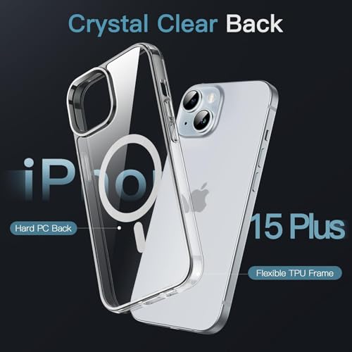 Image of Magnetic Silicone Case for iPhone 15 Plus Compatible with MagSafe, Shockproof Phone Bumper Cover, Anti-Scratch Clear Back (Clear)