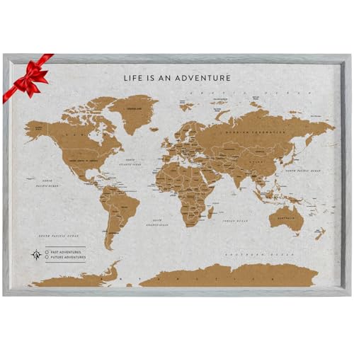 Splosh Travel Map   Tablero de pines de escritorio con mapa del mundo en marco de madera, color gris. Tablero de corcho con mapa del mundo con 100 pines en 2 colores para marcar tus aventuras pasadas