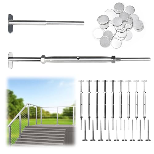 Muzata 10 Pairs 1/8" Cable Railing Hardware Kit Drop Pin Turnbuckle Tensioner for Metal One-Post Corner T316 Stainless Steel Deck Cable Railing System Angle 180 Adjustable Stairs 20 Pack CK21