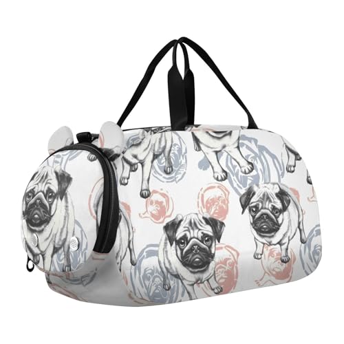Duffle Bag for Boys or Girls with Shoes Compartment, Hand Drawn Sketch Pugs Dog Sports Travel Bag Overnight