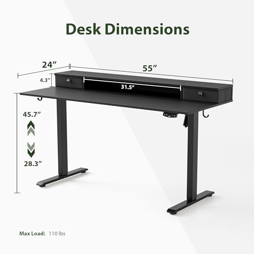 Image of Agilestic 55 x 24 Inches Electric Standing Desk with 2 Storage Drawers, Stand Up Desk Adjustable Height, Sit and Stand Computer Table with Splice Board, Black