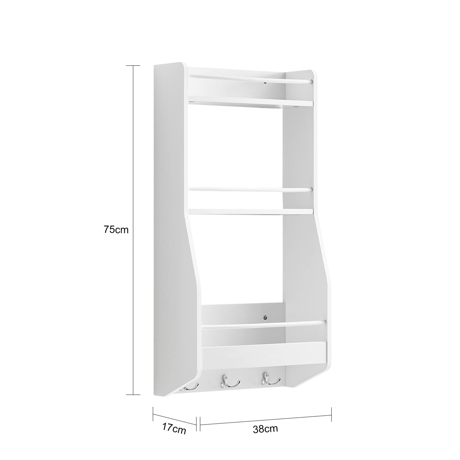 SoBuy Étagère à Suspendre Murale 3 niveaux, 3 crochets & barres, 38x75x17cm | Étagère à Épices gain de place avec protection antichute, charge 20 kg, MDF, cuisine & salle de bain, KCR12-W