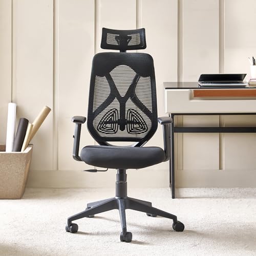 Image of Home Centre | Yuva Ergofit Office Chair | Ergonomic Study Chair | Polyester Blend | Black | 1 Year Warranty