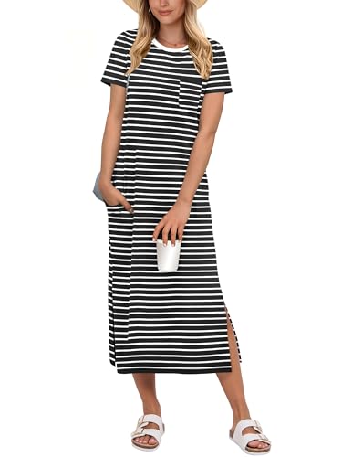 Image of ANRABESS Womens Midi Dress,Summer Long Tshirts Dresses,Short Sleeve Split Stripe,Comfy Travel Beach Vacation Casual Wear