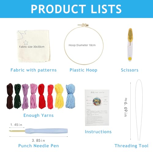 Image of Punch Needle Embroidery Kit for Adults & Kids - Green Sea Turtle Design - Modern Style - Includes Fabric, Yarn, Needle, Hoop, Threader & Instructions