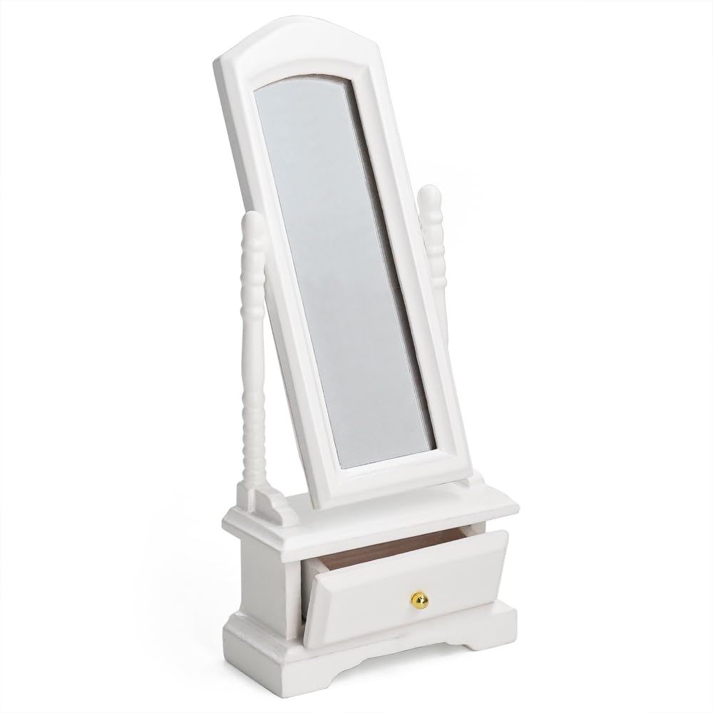 Odoria Dollhouse Dressing Mirror Miniature: 1/12 Scale Standing Floor Mirror for Vintage Antique Bedroom - Mini Wood Furniture with Drawer White