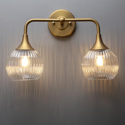 Image of PERMO Wall Sconce Vintage Vanity Light Antique 2 Lights Sconce with Clear Ribbed Globe Glass Shade Antique Brass Gold Double Sconces for Bathroom
