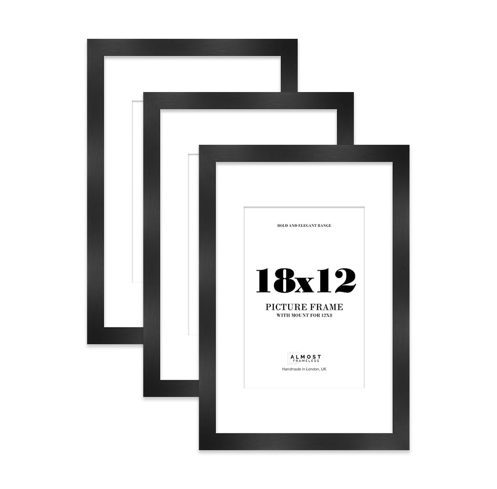 18x12 Black Frame With Mount for 12x8 Pictures 28mm Edge Portrait and Landscape Display with Wall Hooks, 3 Pack