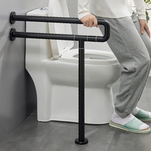 Barra de Apoyo Antideslizante para baño en Forma de U, Color Negro, con Anillo Fluorescente, para Inodoro de Pared a Suelo, Ideal para Personas Mayores con bariátricas (70 cm)