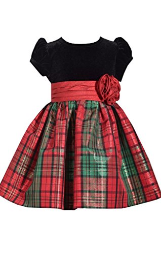 Bonnie Jean Short Sleeve Christmas Dress with Black Velvet and Red Tartan Plaid 4Y