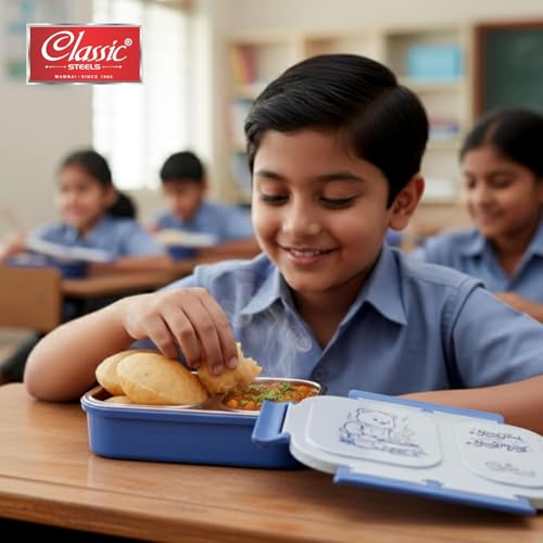Image of Classic Steels Bento Duo Lunch Box for Kids 600ml, 2 Compartment Stainless Steel Tiffin Box, Leak Resistant, BPA Free, School Lunch Box - Blue