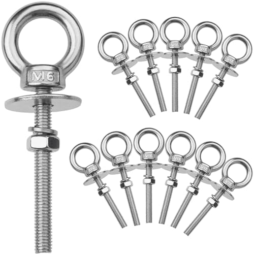 Image of 12 Pack M6 Stainless Steel Eye Bolts with Nuts, 1 /4 inch x 2 inch Eye Bolts | 304 Stainless Steel Eye Bolt,Eye Bolts Heavy Duty for Hang Tie Down Outdoor,m6 eye bolt,Long Lifting Ring Eye Bolt