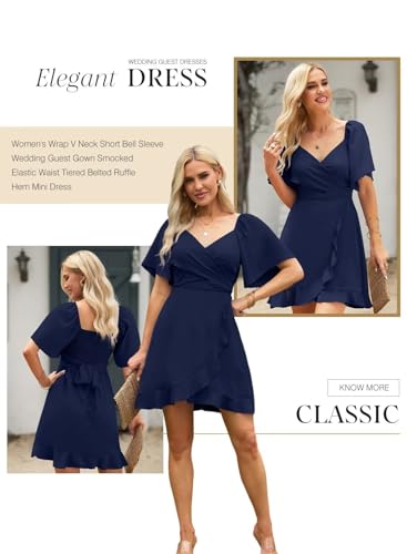 Image of Dokotoo Women's Wrap V Neck Short Flared Sleeve Wedding Guest Dress Smocked Elastic Waist Tiered Belted Ruffle Hem Mini Dress