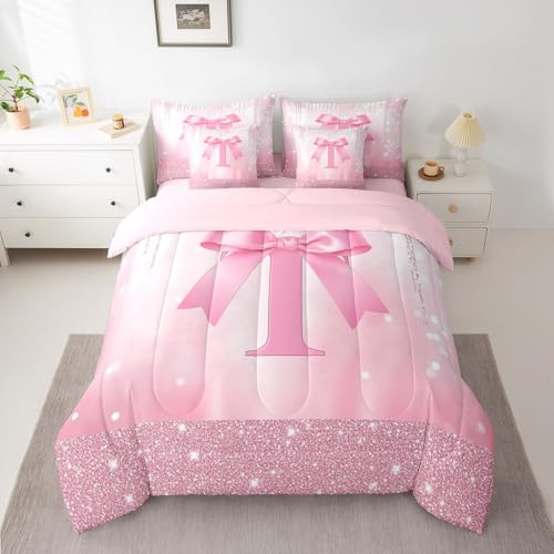 Image of Feelyou Boys Girls Pink Bowknot 7 Pieces Bedding Set Full Size, Personalized Initial T Comforter Set with Sheets Princess Glitter Bed in A Bag Kids Bow Monogrammed Teens Bed Set Bedroom Decor 7Pcs
