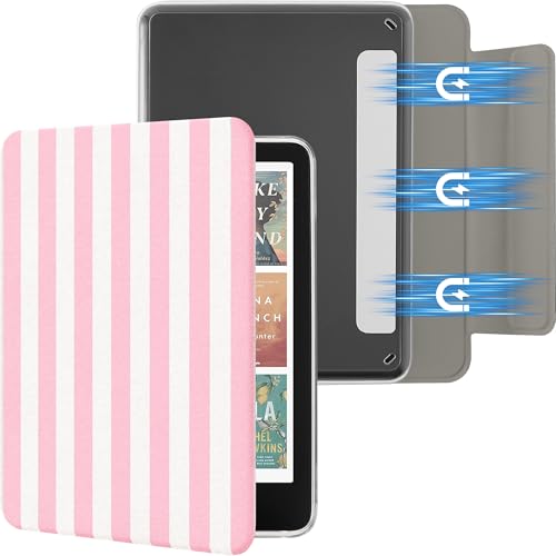 SESENSE Detachable Magnetic Case for 7 Kindle Paperwhite 12th Gen 2024 and Kindle Colorsoft Signature Edition Slim PU Shell Cover Case with Auto Wake/Sleep Pink and White Stripes
