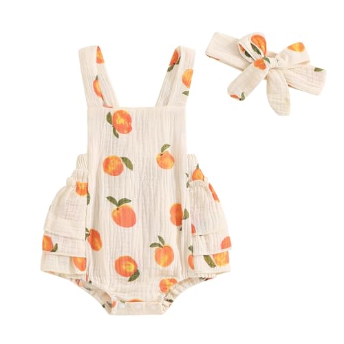 Baby Girl Peach Clothes Cotton Linen Fruit Overalls Romper Sleeveless Side Tiered Ruffled Jumpsuit Summer Outfit