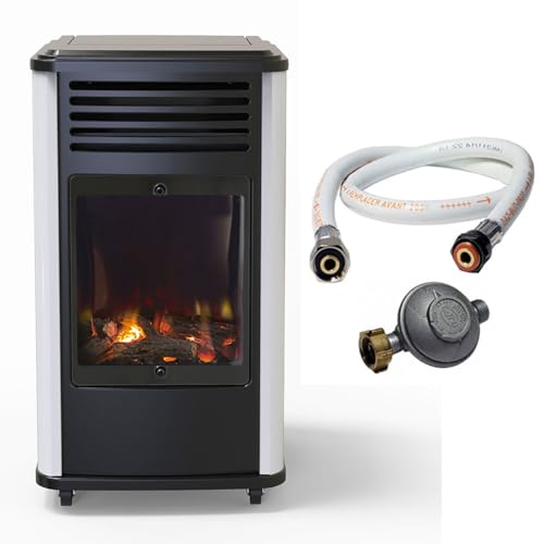 Sahara - Poêle à gaz Mobile 3400W Effet feu de Bois - Chauffage d'appoint gaz Blanc & Noir + Tuyau gaz + Détendeur Butane Manhattan