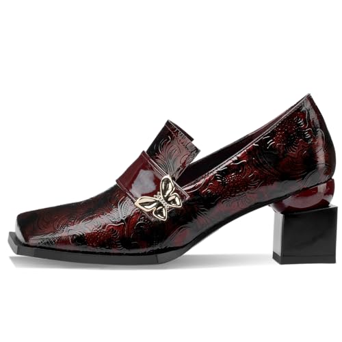 Image of Loafers for Women Patent Leather Buckle Square Toe Chunky Block Dress Slip On Wide Casual Comfortable Dressy High Heels Ladies Comfort Moccasins Elegantes 2 Inch Shoes