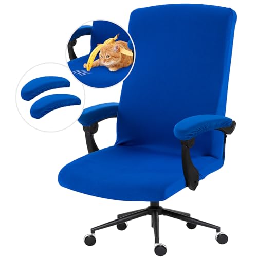 Image of Stretch Computer Office Chair Cover with Armrest Covers Durable Zipper Universal Washable Removable Spandex Rotating Boss Chair Slipcovers Anti-dust Soft Desk Chair Seat Protector, Royal Blue