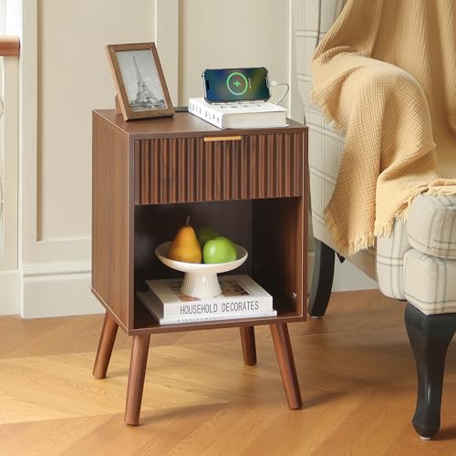 Image of Fultyle Nightstand with Charging Station, Fluted Night Stand with USB and Type C Ports, Mid Century Modern Bedside Table with Drawer and Storage Shelf for Bedroom, Living Room, Office (Walnut Brown)
