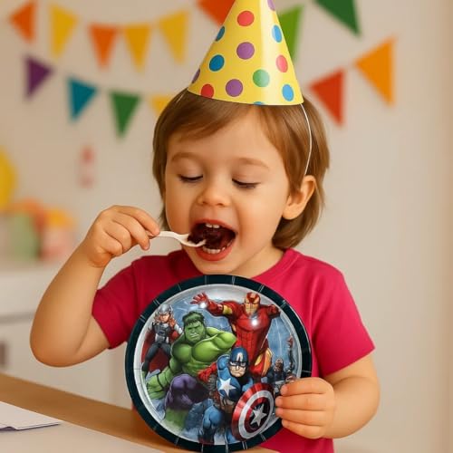 Image of Wanna Party Pack of 8 Super Hero Theme Party Paper Plates for Superhero Theme Decorations - 10 inch Plates Colorful Tableware Set for Boys Kids Baby Birthday Decoration Items