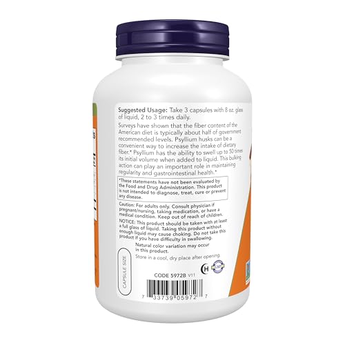 Image of NOW Foods Supplements, Psyllium Husk Caps 500 mg, Non-GMO Project Verified, Natural Soluble Fiber, Intestinal Health*, 500 Veg Capsules