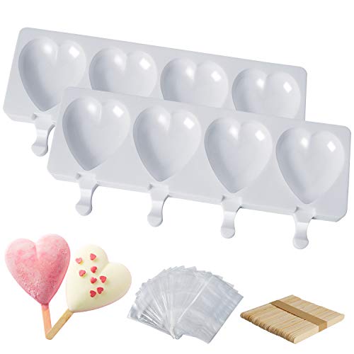 Bluelan Popsicle Molds Set 4 Cavities Heart cake pop Silicone mold Ice Cream Mould Homemade Popsicle Maker for kidsReusable Ice Pop Molds with Wooden Sticks Popsicle Bags for DIY Ice Popsicle