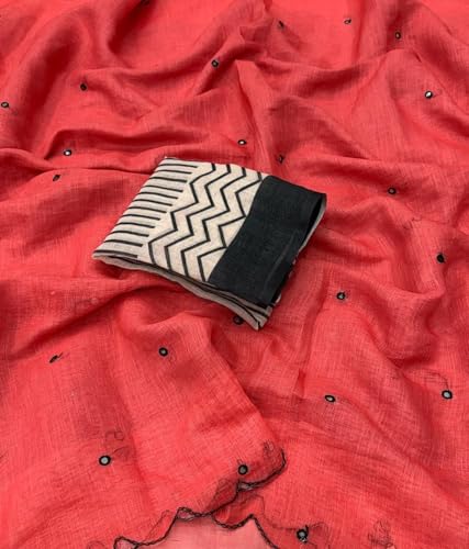 Image of Linen Cotton Saree with Black Mirror Work | New