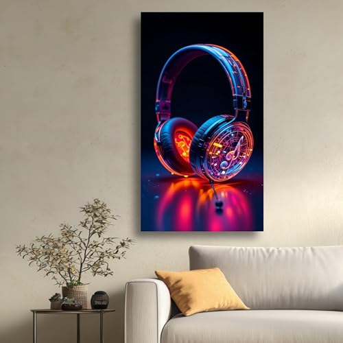 Tableau sur toile écouteurs néon 70x130cm pour salon moderne