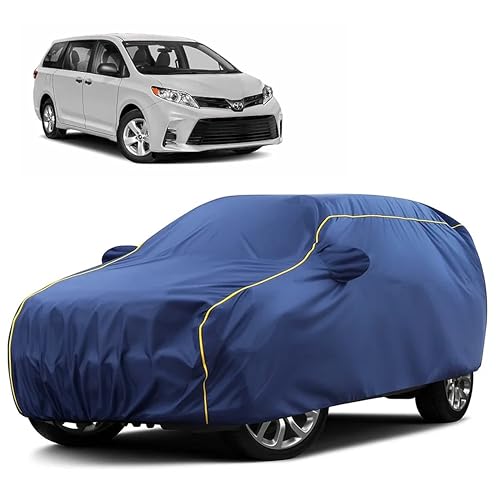 Image of Sulfar 100% Water Resistant Car Body Cover Compatible with Mirror for Toyota Sienna (Triple Stitched, Full Bottom Elastic, Blue Taffeta with Yellow Piping)