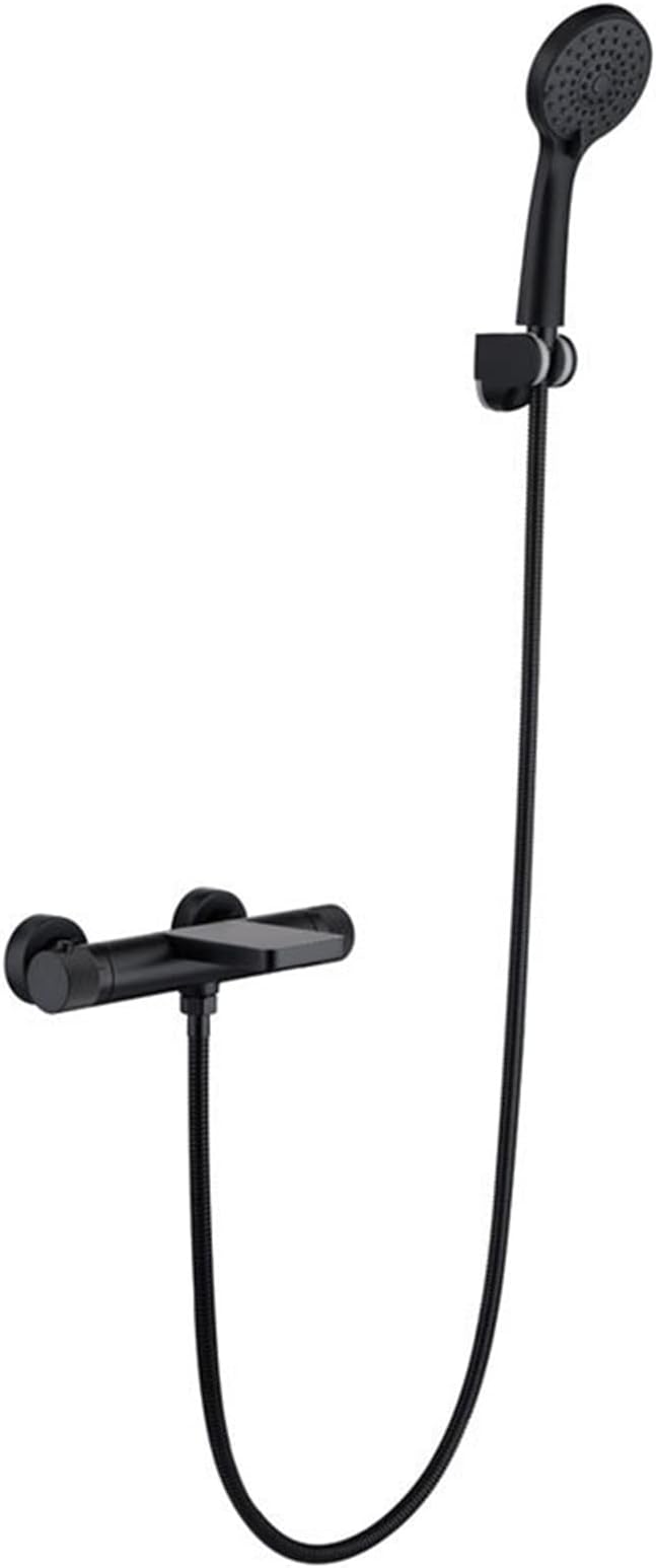 Waterfall Tub Faucet Thermostatic 40℃ Bath Shower Faucet Set Brass Bathtub Faucet With 3 Modes Hand Shower, Wall Mounted Bathtub Faucet Hot And Cold Water Tub Mixer Tap,B-Black