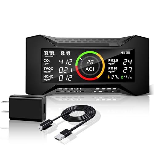 Medidor de Calidad del Aire, medidor de CO2 con TVOC PM2.5 PM10 AQI HCHO Temp. Humedad AQI, Monitor de Calidad Detector de Calidad del Aire con Sensor NDIR Monitor de dióxido de Carbono，CF-20
