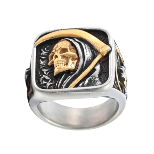 Grim Reaper Ring for Men – Gold Skull with Scythe Signet Statement Ring, Death Biker Punk Stainless Steel Jewelry