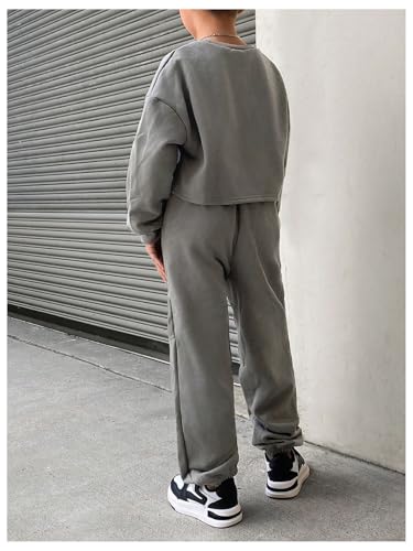 Image of Verdusa Girl's 2 Piece Outfits Sweatsuit Sets Drop Shoulder Sweatshirt and Jogger Set Grey 9Y