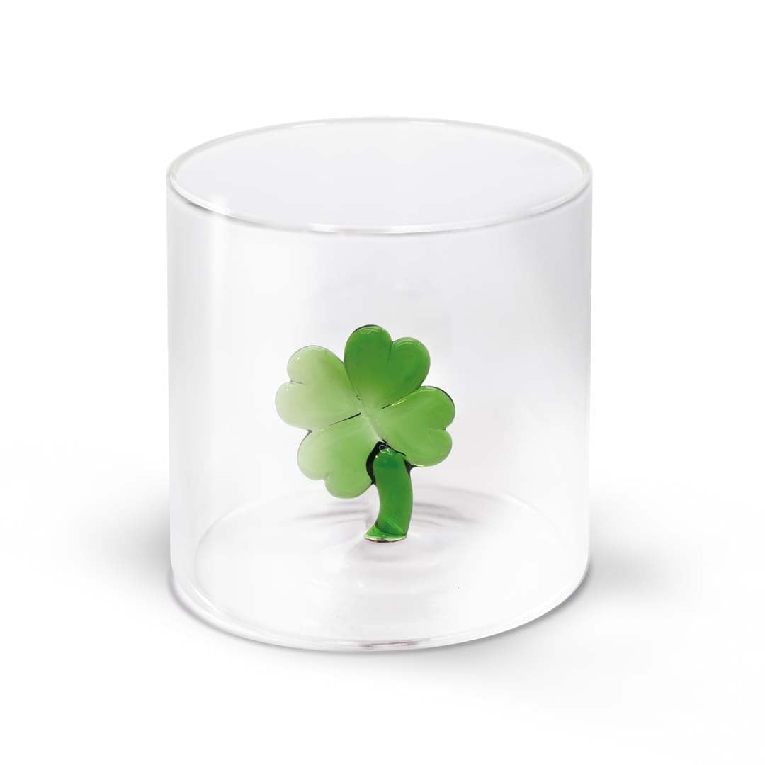 WD Lifestyle - Bicchiere in Vetro Borosilicato 250ml con Soggetto in Vetro Colorato Interno (Quadrifoglio)