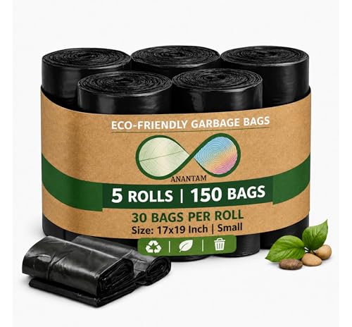 Image of Small Black Garbage Bags 17x19 Inch Trash Bags for Dry & Wet Waste, 150 Bags (5 Roll)