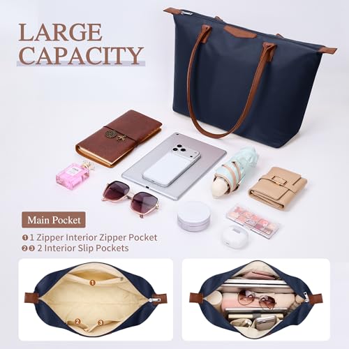 Image of Tote Bag for Women, Casual Hobo Bag Vegan Leather Top-Handle Purse Foldable Shoulder Nylon Zipper Handbag