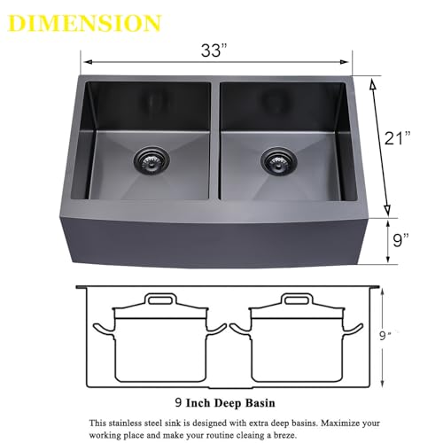 Image of SHACO 50 /50 Double Bowl Black Farmhouse Sink, 33 x 21 Inch Gunmetal Black Stainless Steel 16 Gauge Divided Double Basin Apron Front Farm Kitchen Sink