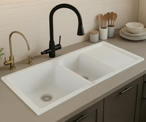 Image of EVANEX Quartz Sink for Kitchen|45x20x9 inch Double Bowl Kitchen Sink with Drain Board|Matt Finish|Sand Pluto Quartz Kitchen Sink with Sink Connector, Waste Pipe, Coupling and Drain Basket
