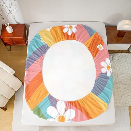 Image of Cartoon Flowers Bed Sheet Queen Set Colorful Stripes Sheets Sets Adults Bedroom Decor Rainbow Hippie Microfiber Bedding Set with Flat,Fitted Sheet,2 Pillow Cases
